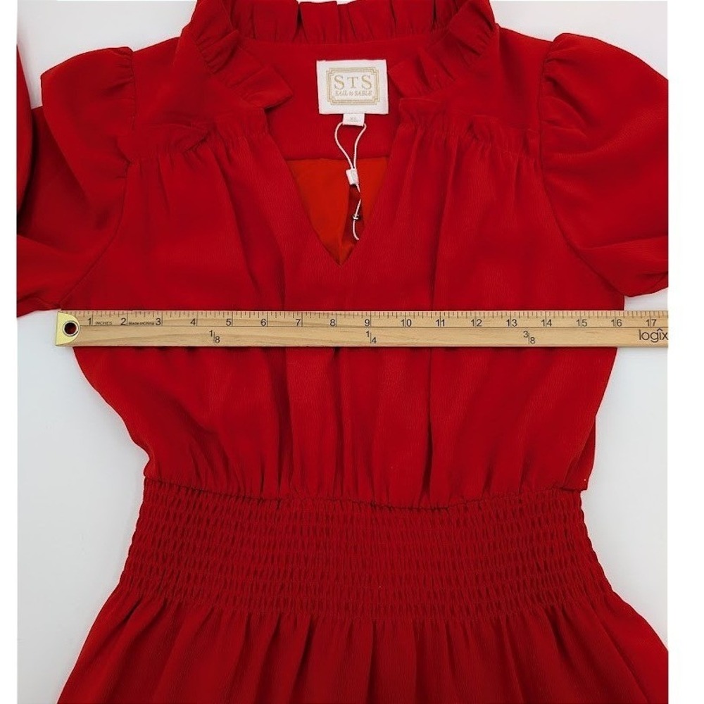 STS Sail to Sable Red Smocked Waist Dress Tiered Mini Ruffle V Neck XS Prom Hoco - Picture 10 of 12
